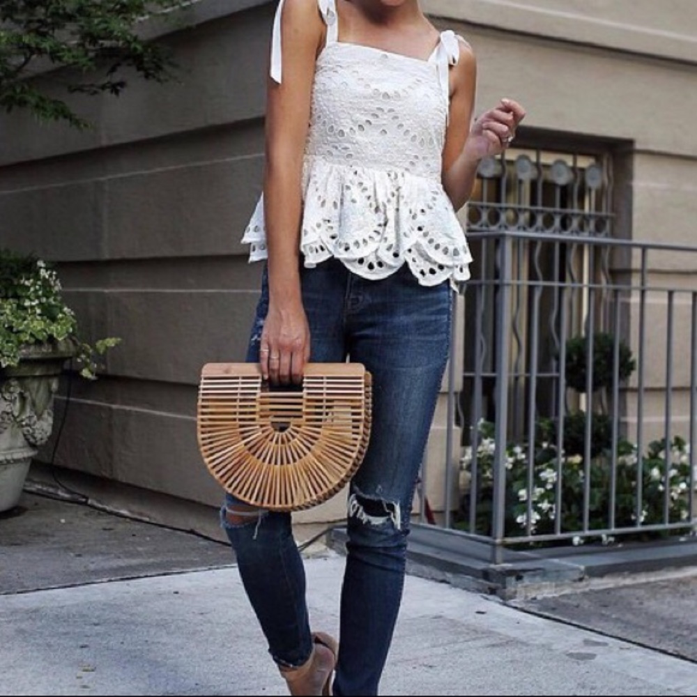J Crew Shoulder Tie Eyelet Peplum Babydoll Top